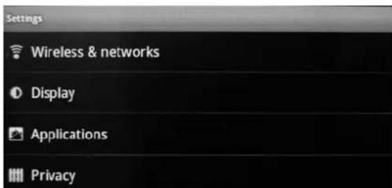 Settings Wireless & networks Display Applications Privacy