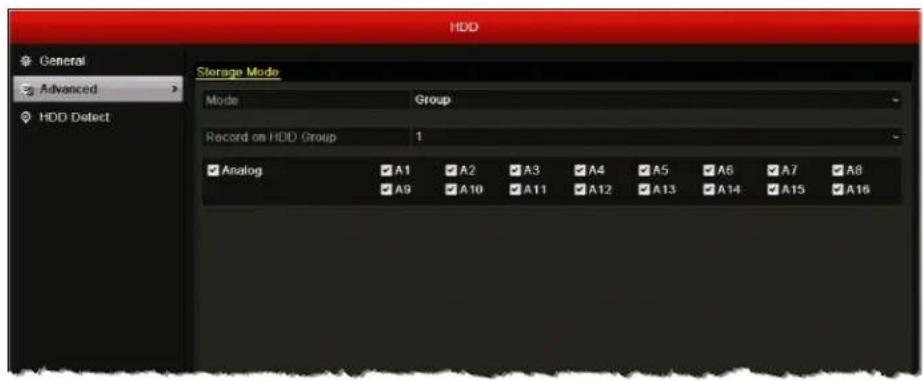 HDD General Advanced HDD Detect Storage Mode Mode Group Record on HDD Group 1 Analog A1 A2 A3 A4 A5 A6 A7 A8 A9 A10 A11 A12 A13 A14 A15 A16