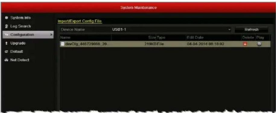 System Maintenance Import/Export Config File Device Name USB1-1 Refresh Name Size Type Edit Date Delete Play devClg_446729050_20. 219KB File 04-04-2014 08:10:02 Default Net Detect