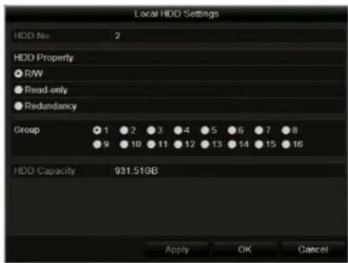 Local HDD Settings HDD No. 2 HDD Property ● R/W ● Read-only ● Redundancy Group 1 2 3 4 5 6 7 8 ● 9 10 11 12 13 14 15 16 HDD Capacity 931.51GB Apply OK Cancel