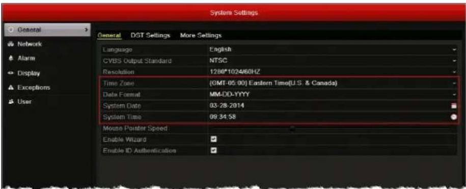 System Settings General DST Settings More Settings Language English CVBS Output Standard NTSC Resolution 1280*1024/60HZ Time Zone (GMT-05:00) Eastern Time(U.S. & Canada) Date Format MM-DD-YYYY System Date 03-28-2014 System Time 09:34:58 Mouse Pointer Speed Enable Wizard Enable ID Authentication