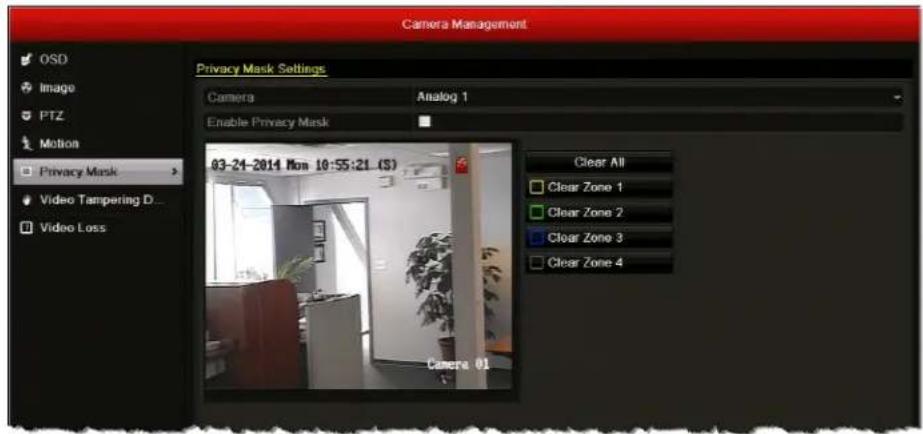 Camera Management OSD Image PTZ Motion Privacy Mask Video Tampering D... Video Loss Privacy Mask Settings Camera Analog 1 Enable Privacy Mask 03-24-2014 Mon 10:55:21 (S) Clear All Clear Zone 1 Clear Zone 2 Clear Zone 3 Clear Zone 4 Camera 01
