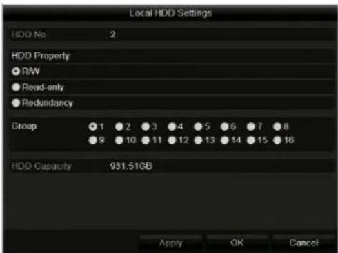 Local HDD Settings HDD No 2 HDD Property ● R/W ● Read-only ● Redundancy Group 1 2 3 4 5 6 7 8 9 10 11 12 13 14 15 16 HDD Capacity 931.51GB Apply OK Cancel