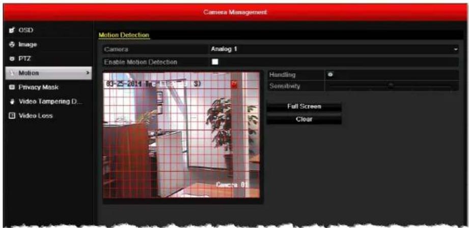 Camera Management MOTION DETECTION Camera Analog 1 Enable Motion Detection 03-Z5-2014 In: 10:30:00 (3) Handling Sensitivity Full Screen Clear
