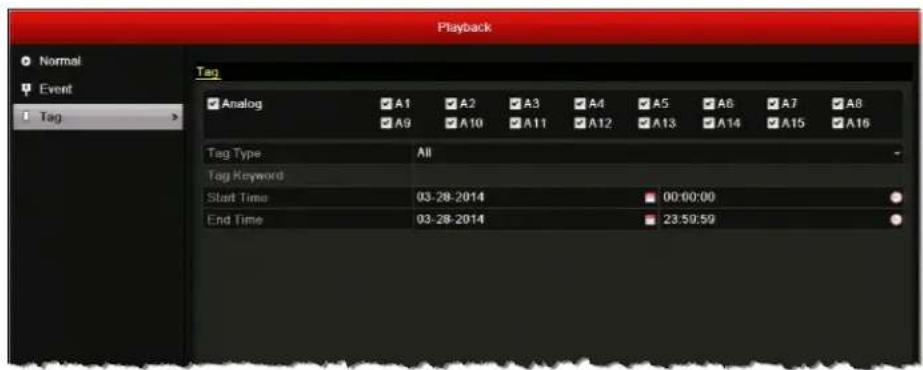 Playback Normal Event Tag Tag Analog A1 A2 A3 A4 A5 A6 A7 A8 A9 A10 A11 A12 A13 A14 A15 A16 Tag Type All Tag Keyword Start Time 03-28-2014 00:00:00 End Time 03-28-2014 23:50:59
