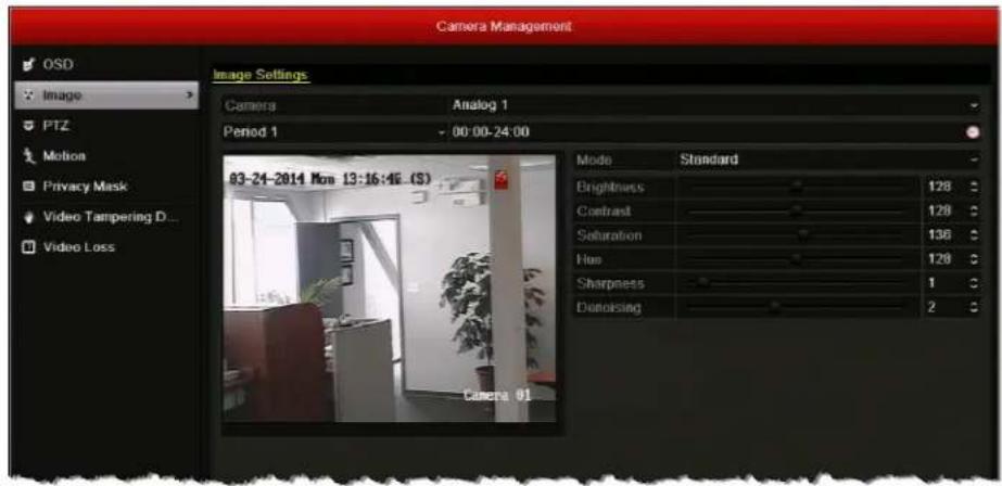 Camera Management OSD Image PTZ Motion Privacy Mask Video Tampering D... Video Loss Image Settings Camera Analog 1 Period 1 - 00:00-24:00 03-24-2014 Mon 13:16:46 (S) Mode Standard Brightness 128 Contrast 128 Saturation 138 Hue 128 Sharpness 1 Decoding 2 Camera 01