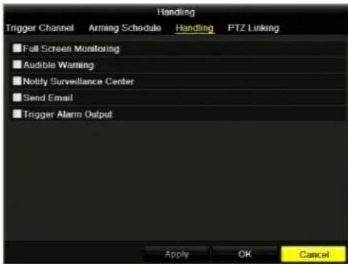 Handling Trigger Channel Arming Schedule Handling PTZ Linking Full Screen Monitoring Audible Warning Notify Surveillance Center Send Email Trigger Alarm Output Apply OK Cancel