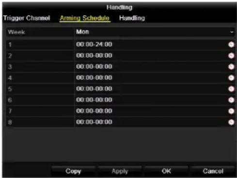 Trigger Channel Arming Schedule Handling Week Mon 1 00:00-24:00 2 00:00-00:00 3 00:00-00:00 4 00:00-00:00 5 00:00-00:00 6 00:00-00:00 7 00:00-00:00 8 00:00-00:00 Copy Apply OK Cancel