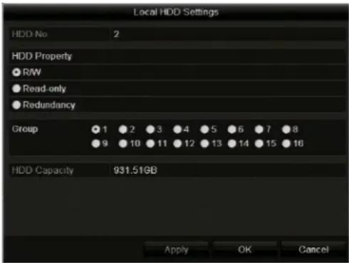 Local HDD Settings HDD No 2 HDD Property ● R/W ● Read-only ● Redundancy Group 1 2 3 4 5 6 7 8 9 10 11 12 13 14 15 16 HDD Capacity 931.51GB Apply OK Cancel