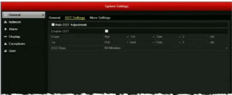 System Settings General Network Alarm Display Exceptions User General DST Settings More Settings ■ Auto DST Adjustment Enable DST From: Apr - 1st - Size - 2 00 To: Oct - last - Size - 2 00 DST Bias 60 Minutes