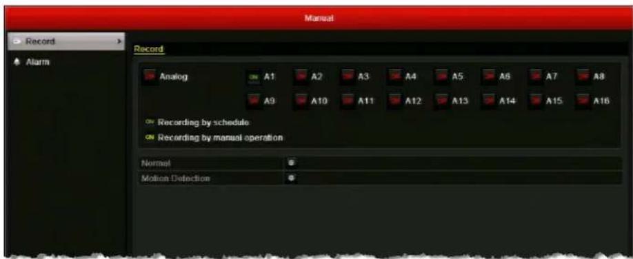 Record Alarm Record Analog ON A1 A2 A3 A4 A5 A6 A7 A8 A9 A10 A11 A12 A13 A14 A15 A16 ON Recording by schedule ON Recording by manual operation Normal Motion Detection