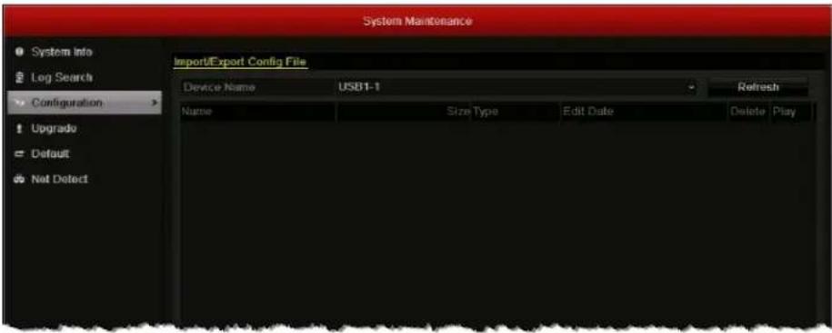System Maintenance Import/Export Config File Device Name USB1-1 Refresh Name Size Type Edit Date Delete Play Log Search Configuration Upgrade Default Not Detect