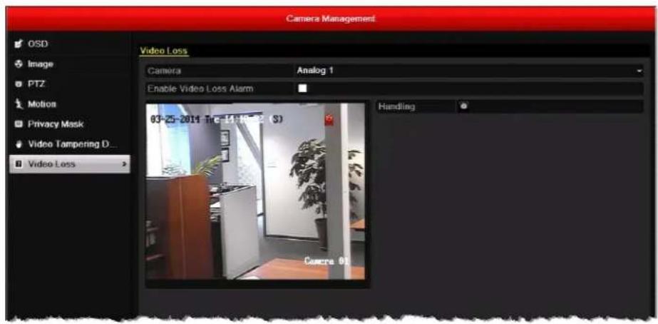 Camera Management OSD Image PTZ Motion Privacy Mask Video Tampering D... Video Loss Video Loss Camera Analog 1 Enable Video Loss Alarm 03-25-2014 Tvc 14:18:22 (S) Handling Camera 01