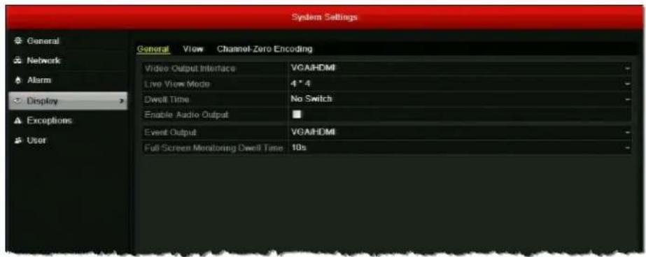 System Settings General View Channel-Zero Encoding Video Output Interface VGA/HDMI Live View Mode 4 * 4 Dwell Time No Switch Enable Audio Output Event Output VGA/HDMI Full Screen Monitoring Dwell Time 10s