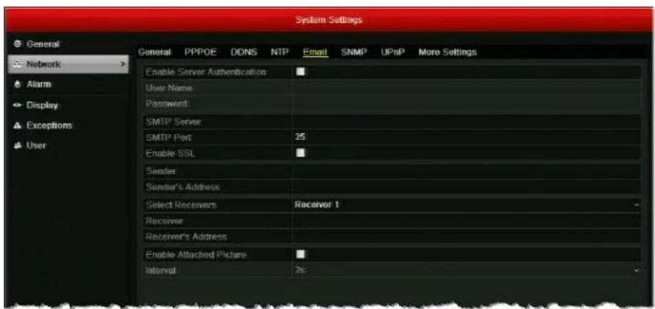 System Settings General PPPOE DONS NTP Email SNMP UPnP More Settings Enable Server Authentication User Name Password SMTP Server SMTP Port 25 Enable SSL Sender Sender's Address Select Recovers Receiver 1 Receiver Receiver's Address Enable Attached Picture Interval 2s