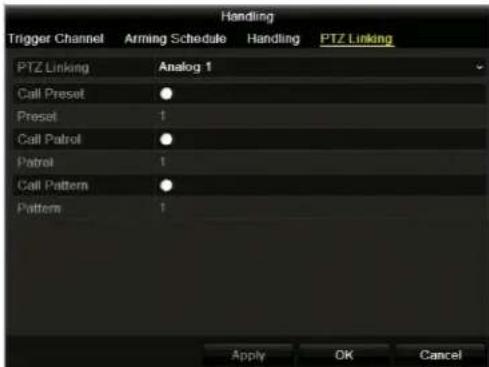 Trigger Channel Arming Schedule Handling PTZ Linking Analog 1 Call Preset ● Preset 1 Call Patrol ● Patrol 1 Call Pattern ● Pattern 1 Apply OK Cancel