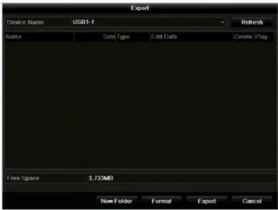 Export Device Name USB1-1 Refresh Name Size Type Edit Date Delete Play Free Space 3,733MB New Folder Format Export Cancel