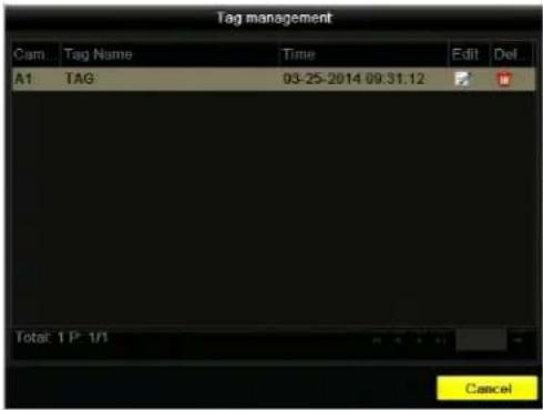 Tag management Cam: Tag Name Time Edit Del A1 TAG 03-25-2014 09:31.12 Total: 1 P: 1/1 Cancel