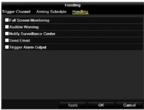 Handling Trigger Channel Arming Schedule Handling ■ Full Screen Monitoring ■ Audible Warning ■ Notify Surveillance Center ■ Send Email ■ Trigger Alarm Output Apply OK Cancel