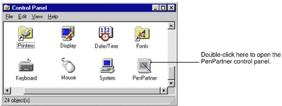 Control Panel File Edit View Help Printers Display Date/Time Fonts Keyboard Mouse System PenPartner Double-click here to open the PenPartner control panel. 24 object(s)