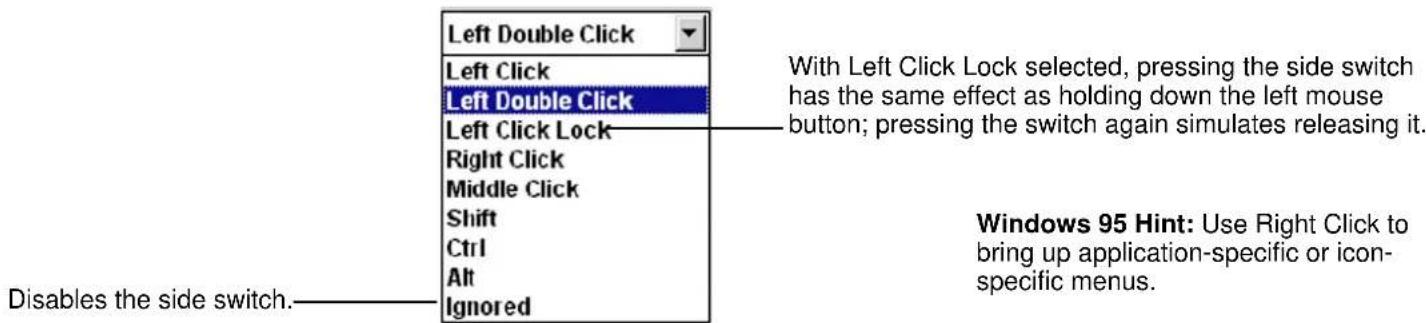 Left Double Click Left Click Left Double Click Left Click Lock Right Click Middle Click Shift Ctrl Alt Ignored With Left Click Lock selected, pressing the side switch has the same effect as holding down the left mouse button; pressing the switch again simulates releasing it. Windows 95 Hint: Use Right Click to bring up application-specific or icon-specific menus. Disables the side switch.