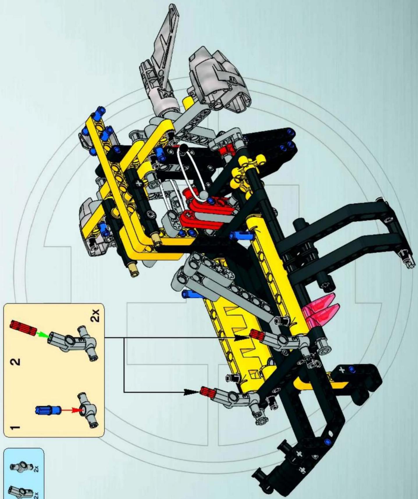 Technical diagram of a robotic arm with labeled components and 2x magnified views showing assembly details