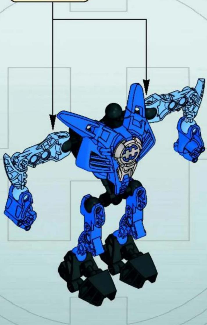 Illustration of a blue robotic figure with dynamic arm and mechanical limbs, suspended by arrows (no text or symbols)