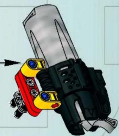 Illustration of a weapon system with red and yellow components and blue targeting lights (no text or symbols)