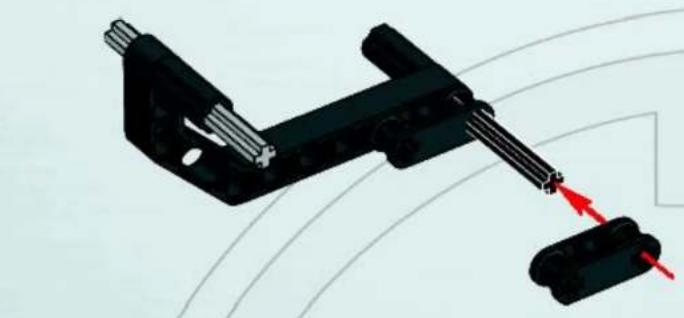 Mechanical assembly diagram showing a linkage mechanism with red arrows indicating motion direction (no text or symbols)