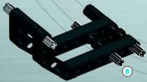 3D mechanical assembly diagram showing a black bracket with multiple pins and mounting holes (no text or symbols)
