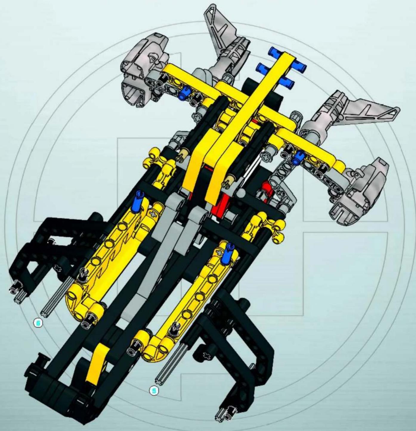 3D mechanical assembly diagram showing interconnected yellow and black components with blue connectors (no text or labels)