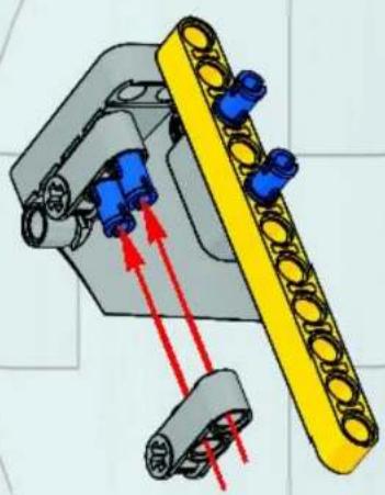 Mechanical assembly diagram showing a yellow conveyor belt with blue components and red directional arrows indicating motion (no text or symbols)