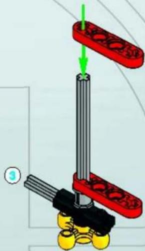Mechanical assembly diagram showing a vertical rod with red components and a green arrow indicating motion (no text or symbols)