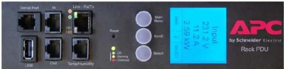 Serial Port In Link - Rx/Tx 10/ 100 USB Out Temp/Humidity Reset Main Menu Scroll Select OK Warning Overused VAM L RESET Input 231.2 V 11.2 A 2.59 KVW APC by Schneider Electric Rack PDU