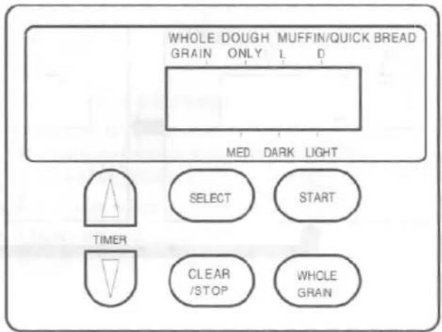 WHOLE DOUGH MUFFIN/QUICK BREAD GRAIN ONLY L D MED DARK LIGHT SELECT START TIMER CLEAR /STOP WHOLE GRAIN