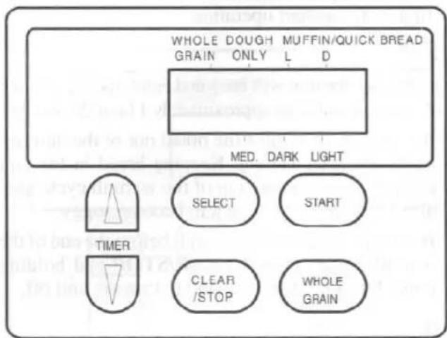 WHOLE DOUGH MUFFIN/QUICK BREAD GRAIN ONLY L D MED. DARK LIGHT SELECT START TIMER CLEAR /STOP WHOLE GRAIN