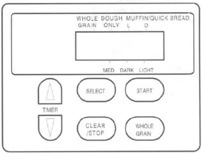 WHOLE DOUGH MUFFIN/QUICK BREAD GRAIN ONLY L D MED DARK LIGHT SELECT START TIMER CLEAR /STOP WHOLE GRAIN