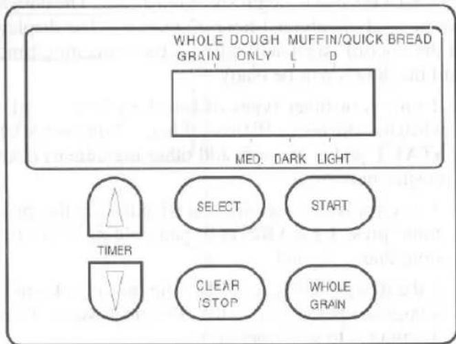 WHOLE DOUGH MUFFIN/QUICK BREAD GRAIN ONLY L D MED. DARK LIGHT SELECT START TIMER CLEAR STOP WHOLE GRAIN