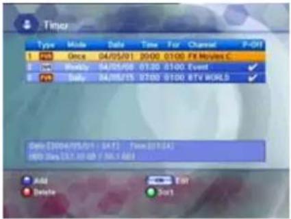 Timer Type Mode Date Time For Channel P-Off Once 04/05/01 20:00 01:00 FX Movies C Modify 04/05/08 01:30 01:00 Event ✓ Baby 04/05/15 07:00 01:00 BTV WORLD ✓ Data: [2004/05/01 : 34:17] Focus: [11:24] HDD: 26x 13.7 x 01:00 / 56.1 x 01:19 Add Delete Sort