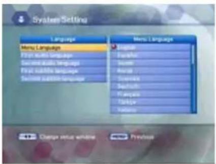 System Setting Language Menu Language First language Second language Third language Fourth language Language Menu Language English French Chinese Asian European Swedish Bangladeshi Turkish Vietnamese Change status window Previous