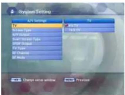 System Setting A/V Settings TV B/B TV V/8/9 TV Dramn Type A/V Output N+M1 Sramn Type MPF Output TV Type MF Channel MF Mode Change setup window Previous