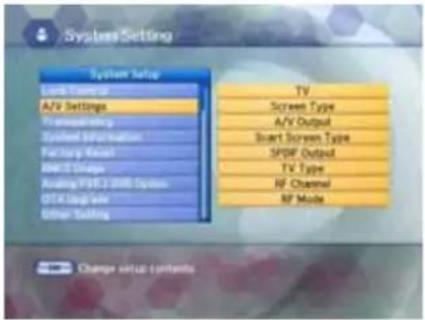 System Settings System Setup Link Compocal A/V Settings Transmitting System Information Supply Reset RMC2 Usage Audio PDF / DVD System OTA Logic Help Other Settings TV Screen Type A/V Output Smart Screen Type SPDF Output TV Type RF Channel RF Mode Change setup contents