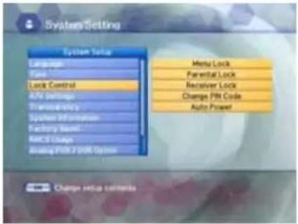 System Settings System Setup Language Time Lock Control ATV Settings Transparency System Information Factory Level MACS Usage Adding PIN & PIN Options Menu Lock Parental Lock Receiver Lock Change PIN Code Auto Power Change setup contents