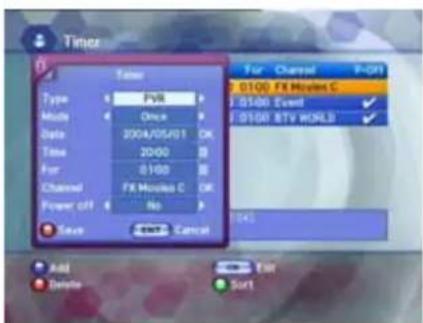 Timer Time Type FVR Mode Once Date 2004/05/01 OK Time 20:00 B For 0:100 B Channel FX Modes C OK Point off No Save Cancel For Channel P-Off 01:00 FX Modes C ✓ 01:00 Event ✓ 01:00 BTV WORLD ✓ Add Remove Sort