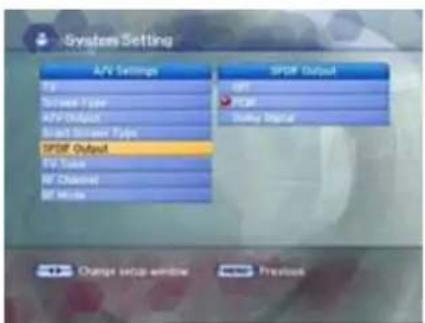 System Setting AV Settings Drive Type AV Output Stand Receiver Types SDFI Output FV Type MF Closed MF Mode SDFI Output OUT OFF Down Input Change setup window Previous