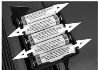 Black-and-white photo of multiple cylindrical batteries with printed text, arranged in a row with white arrows pointing to each battery.
