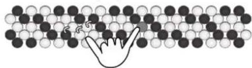 Diagram showing a hand touching a grid of circles with a wavy line and a small arrow pointing to the top-left corner.