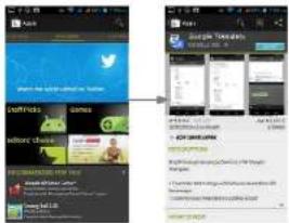Screenshot of two mobile app screenshots showing Twitter and Facebook interface with chat messages and user interactions