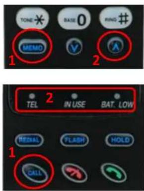 TONE BASE 0 RING # MEMO 1 2 2 TEL IN USE BAT. LOW 1 CALL