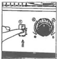 Diagram showing a hand pressing a button labeled ①, with numbered parts and directional arrows indicating motion or movement.